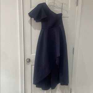 SHEIN One-Shoulder Navy Blue Ruffle Midi Dress